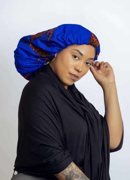 Ankara Head bonnets with satin Bluey